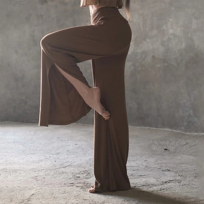 Olivenorma Yogahose aus Baumwolle mit hoher Taille und weitem Bein und Schlitz - Braun - Einheitsgröße - image 5