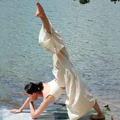 Olivenorma Tencel Baumwollleinen Lockere Yogahose mit weitem Bein - image 3