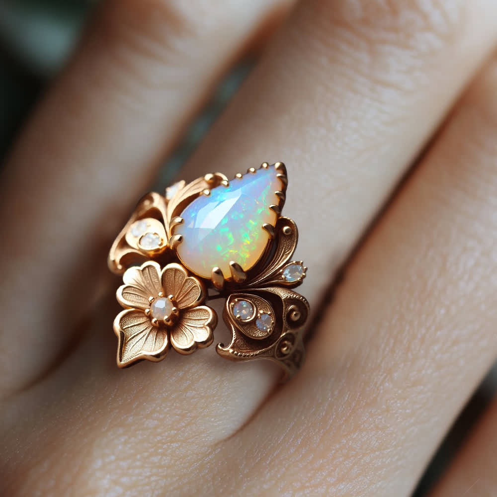Olivenorma „Tränen der Sonne“ Feueropal-Blumenring - image 2