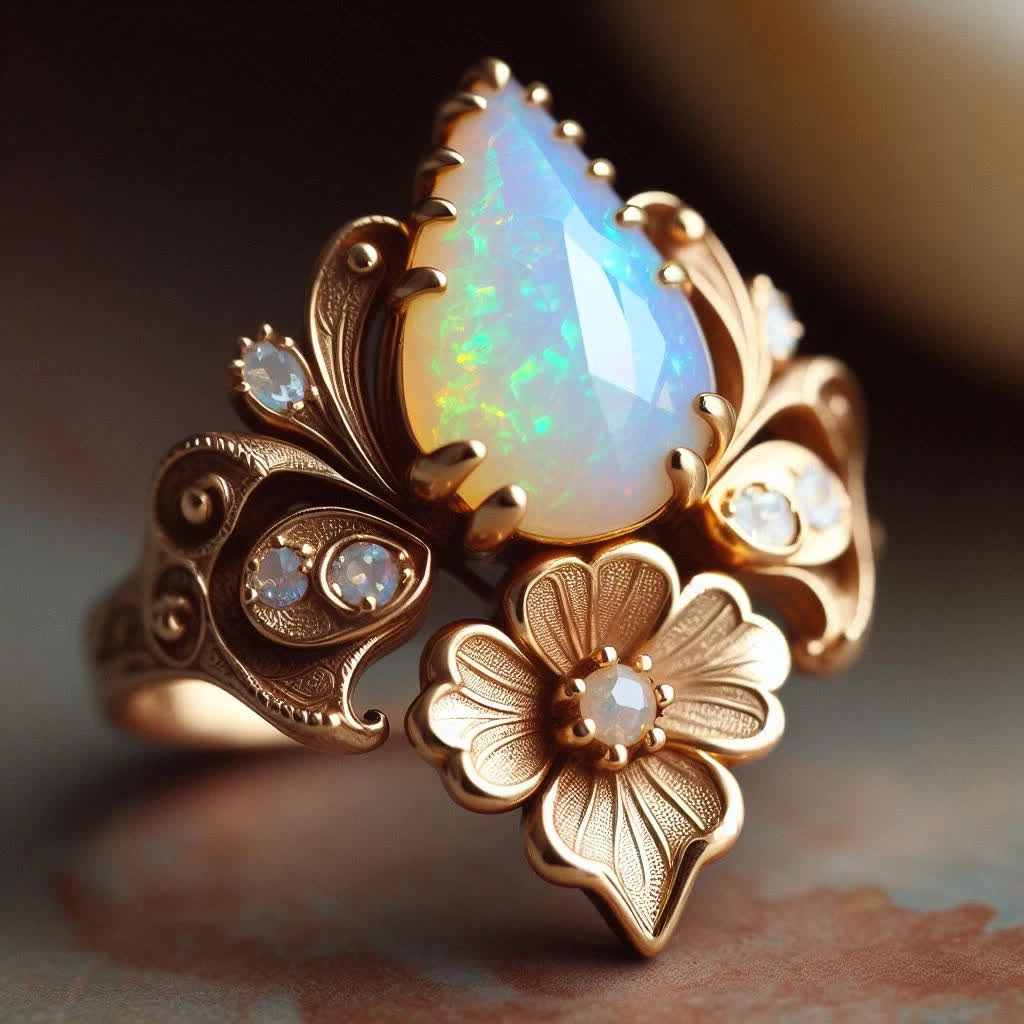 Olivenorma „Tränen der Sonne“ Feueropal-Blumenring - image 5