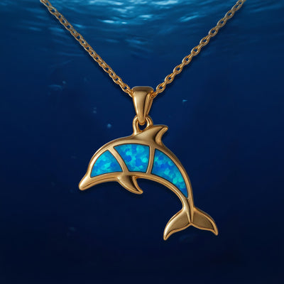 Olivenorma Guardians of the Ocean's Heart – Halskette mit Delfin und Meerjungfrau - Goldener Delphin Blauer Opal - image 11