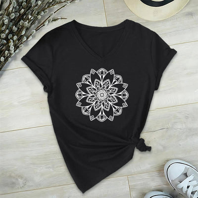 Olivenorma Mandala Floral Tee V-Ausschnitt Regular Fit Lotus Spirituelles T-Shirt - Schwarz - 2XL - image 8