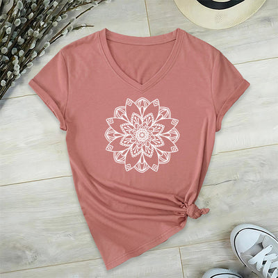 Olivenorma Mandala Floral Tee V-Ausschnitt Regular Fit Lotus Spirituelles T-Shirt - Rosa - 2XL - image 1