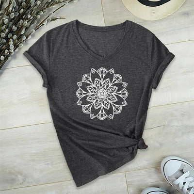 Olivenorma Mandala Floral Tee V-Ausschnitt Regular Fit Lotus Spirituelles T-Shirt - Grau - 2XL - image 24