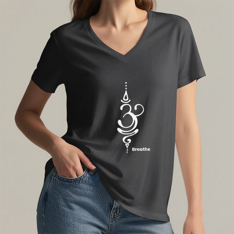 Olivenorma Breathe Symbol Damen-T-Shirt mit V-Ausschnitt, kurzärmelig, Baumwolle, Yoga, Meditation - image 2
