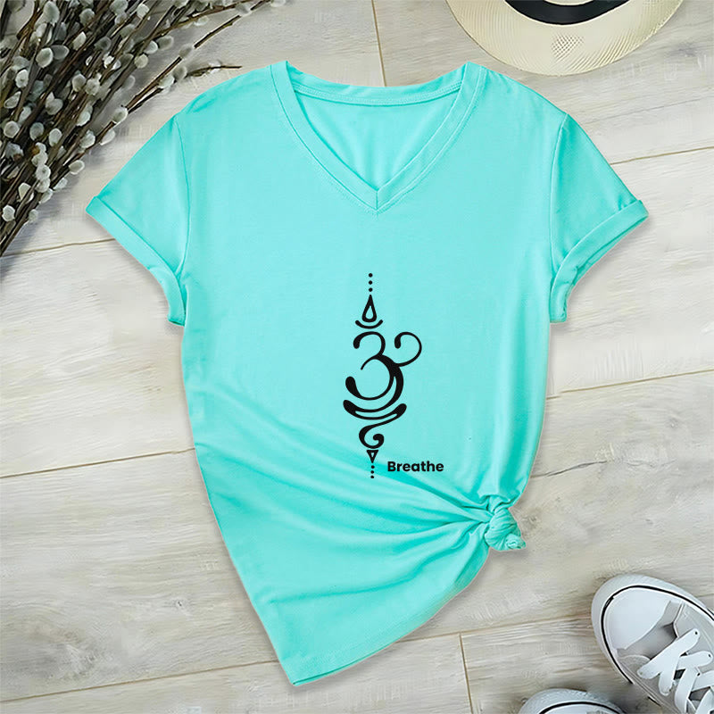 Olivenorma Breathe Symbol Damen-T-Shirt mit V-Ausschnitt, kurzärmelig, Baumwolle, Yoga, Meditation - Cyan - 2XL - image 16