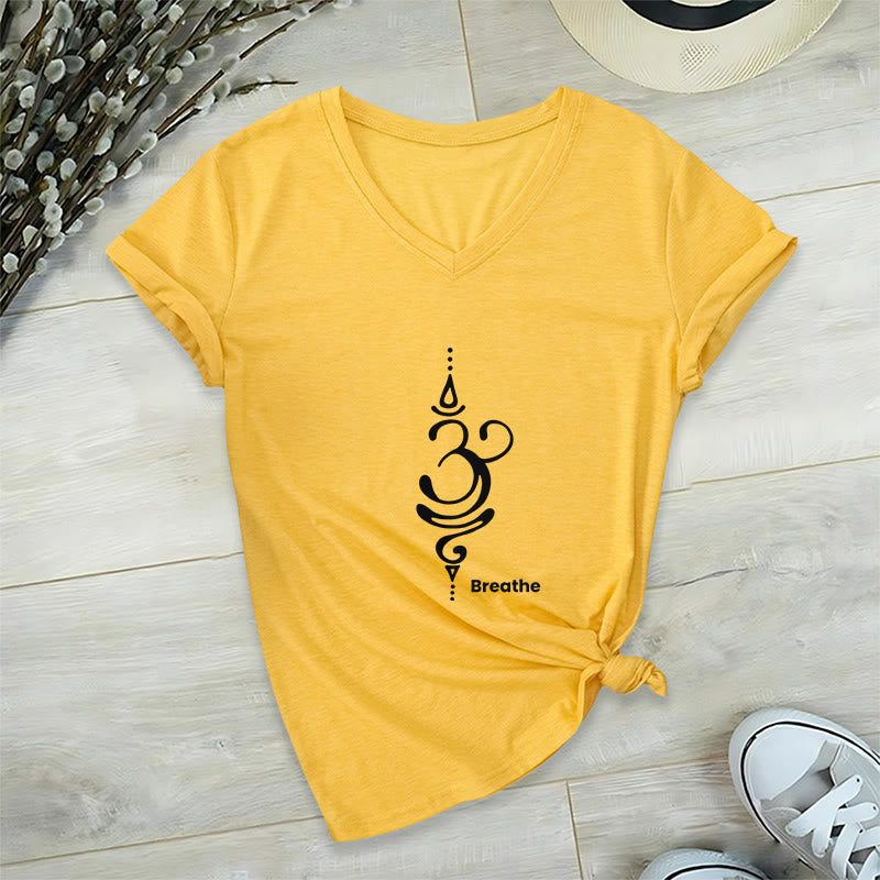 Olivenorma Breathe Symbol Damen-T-Shirt mit V-Ausschnitt, kurzärmelig, Baumwolle, Yoga, Meditation - Gelb - 2XL - image 14