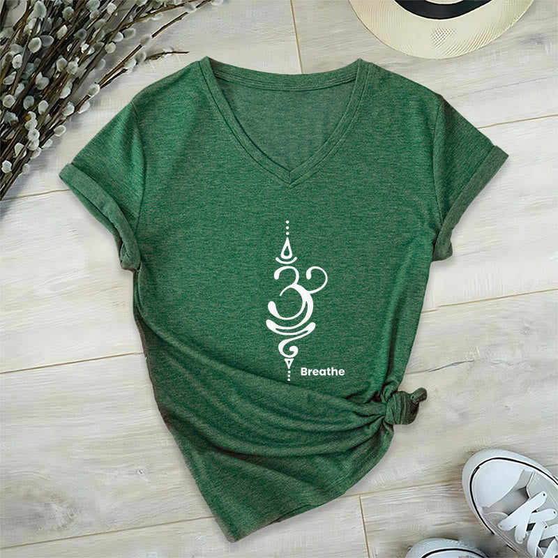Olivenorma Breathe Symbol Damen-T-Shirt mit V-Ausschnitt, kurzärmelig, Baumwolle, Yoga, Meditation - Grün - 2XL - image 18