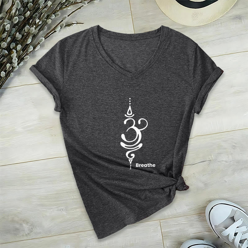 Olivenorma Breathe Symbol Damen-T-Shirt mit V-Ausschnitt, kurzärmelig, Baumwolle, Yoga, Meditation - Grau - 2XL - image 1