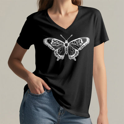 Olivenorma PEACE & LOVE Schmetterling Kurzarm-T-Shirt mit V-Ausschnitt aus Baumwolle - image 9
