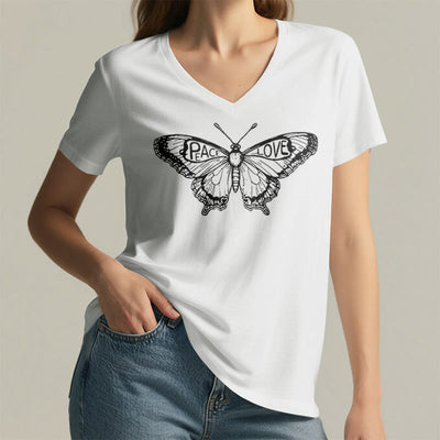 Olivenorma PEACE & LOVE Schmetterling Kurzarm-T-Shirt mit V-Ausschnitt aus Baumwolle - image 11