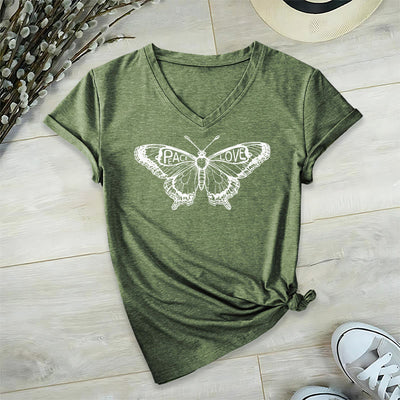 Olivenorma PEACE & LOVE Schmetterling Kurzarm-T-Shirt mit V-Ausschnitt aus Baumwolle - Olive - 2XL - image 24