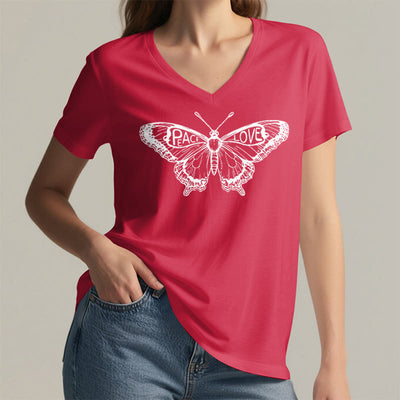 Olivenorma PEACE & LOVE Schmetterling Kurzarm-T-Shirt mit V-Ausschnitt aus Baumwolle - image 29