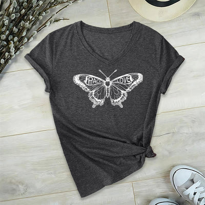 Olivenorma PEACE & LOVE Schmetterling Kurzarm-T-Shirt mit V-Ausschnitt aus Baumwolle - Grau - 2XL - image 22