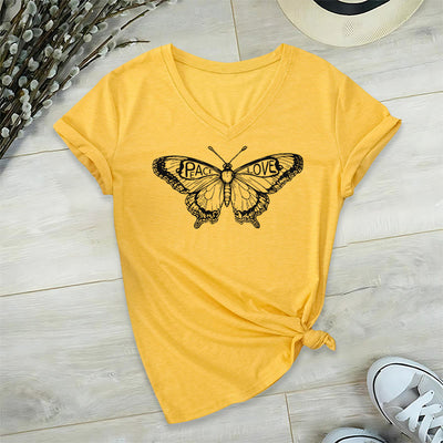 Olivenorma PEACE & LOVE Schmetterling Kurzarm-T-Shirt mit V-Ausschnitt aus Baumwolle - Gelb - 2XL - image 1