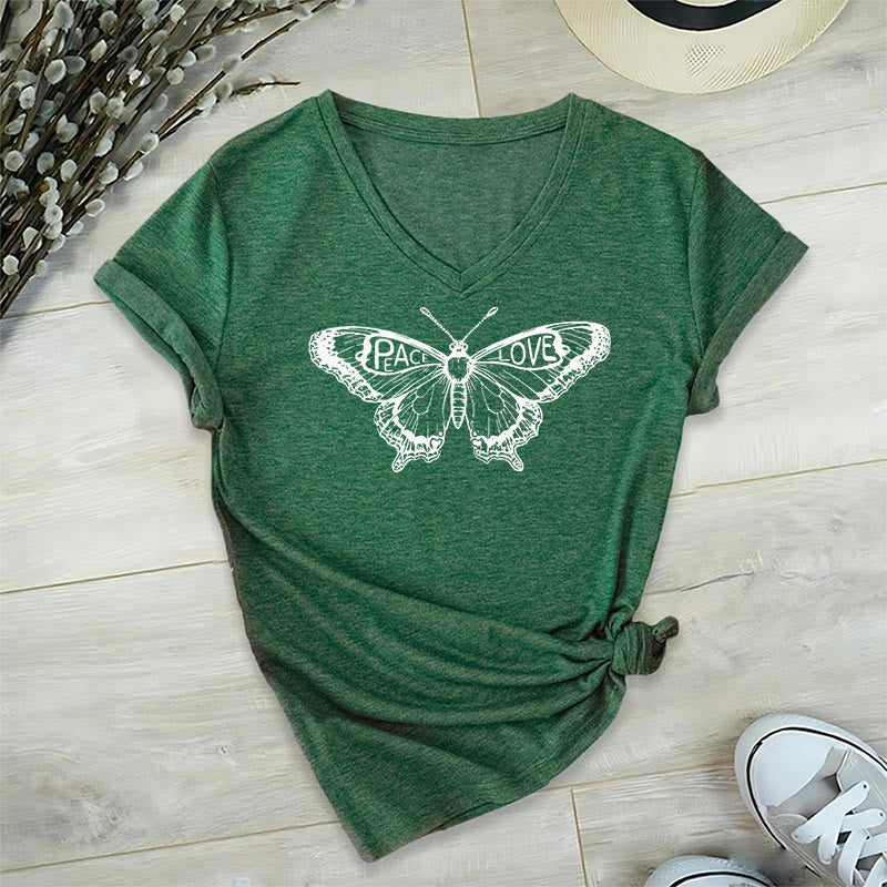 Olivenorma PEACE & LOVE Schmetterling Kurzarm-T-Shirt mit V-Ausschnitt aus Baumwolle - Grün - 2XL - image 16