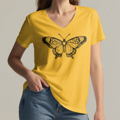 Olivenorma PEACE & LOVE Schmetterling Kurzarm-T-Shirt mit V-Ausschnitt aus Baumwolle - image 2