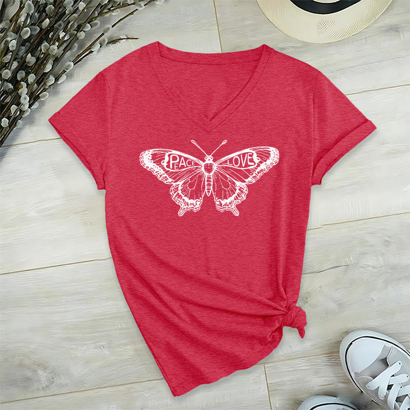 Olivenorma PEACE & LOVE Schmetterling Kurzarm-T-Shirt mit V-Ausschnitt aus Baumwolle - Rot - 2XL - image 28
