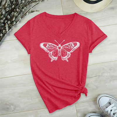 Olivenorma PEACE & LOVE Schmetterling Kurzarm-T-Shirt mit V-Ausschnitt aus Baumwolle - Rot - 2XL - image 28