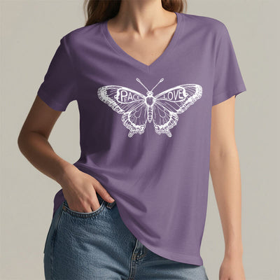 Olivenorma PEACE & LOVE Schmetterling Kurzarm-T-Shirt mit V-Ausschnitt aus Baumwolle - image 19