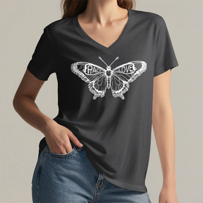 Olivenorma PEACE & LOVE Schmetterling Kurzarm-T-Shirt mit V-Ausschnitt aus Baumwolle - image 23