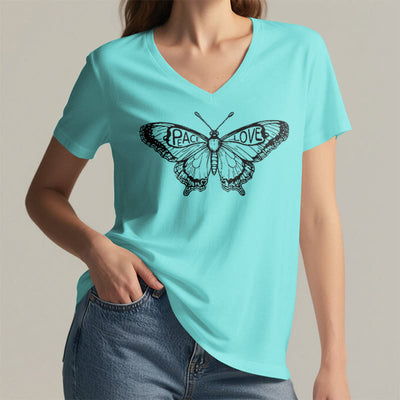 Olivenorma PEACE & LOVE Schmetterling Kurzarm-T-Shirt mit V-Ausschnitt aus Baumwolle - image 15