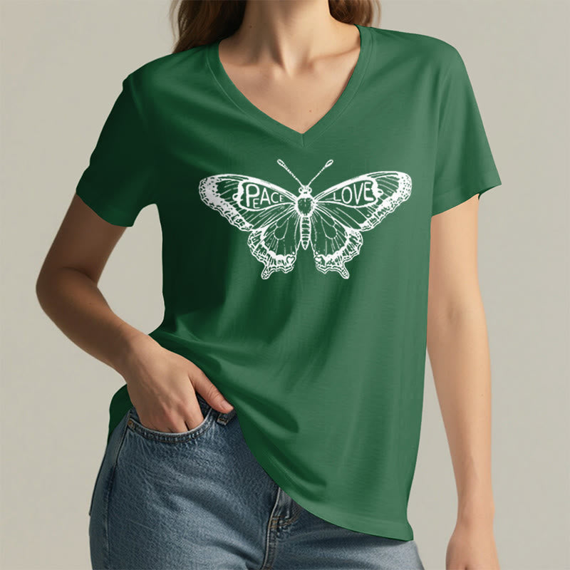 Olivenorma PEACE & LOVE Schmetterling Kurzarm-T-Shirt mit V-Ausschnitt aus Baumwolle - image 17