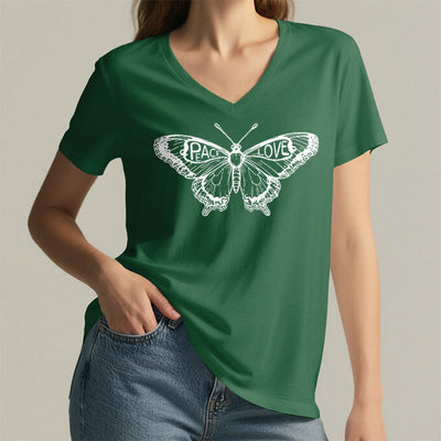 Olivenorma PEACE & LOVE Schmetterling Kurzarm-T-Shirt mit V-Ausschnitt aus Baumwolle - image 17