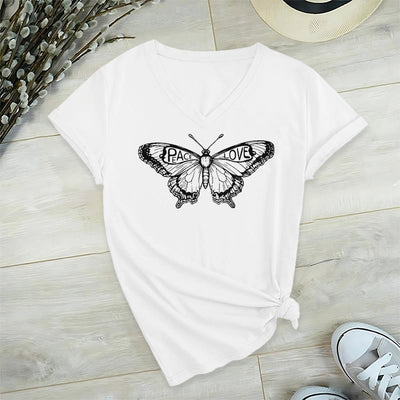 Olivenorma PEACE & LOVE Schmetterling Kurzarm-T-Shirt mit V-Ausschnitt aus Baumwolle - Weiß - 2XL - image 10