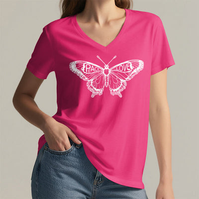 Olivenorma PEACE & LOVE Schmetterling Kurzarm-T-Shirt mit V-Ausschnitt aus Baumwolle - image 31