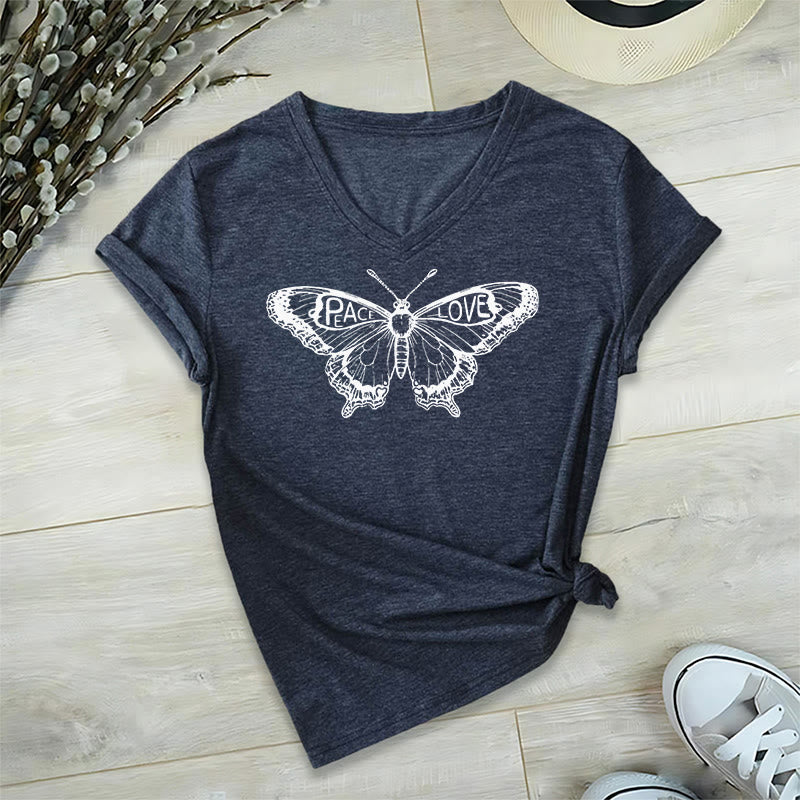 Olivenorma PEACE & LOVE Schmetterling Kurzarm-T-Shirt mit V-Ausschnitt aus Baumwolle - Marine - 2XL - image 20