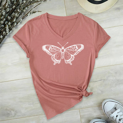Olivenorma PEACE & LOVE Schmetterling Kurzarm-T-Shirt mit V-Ausschnitt aus Baumwolle - Rosa - 2XL - image 26