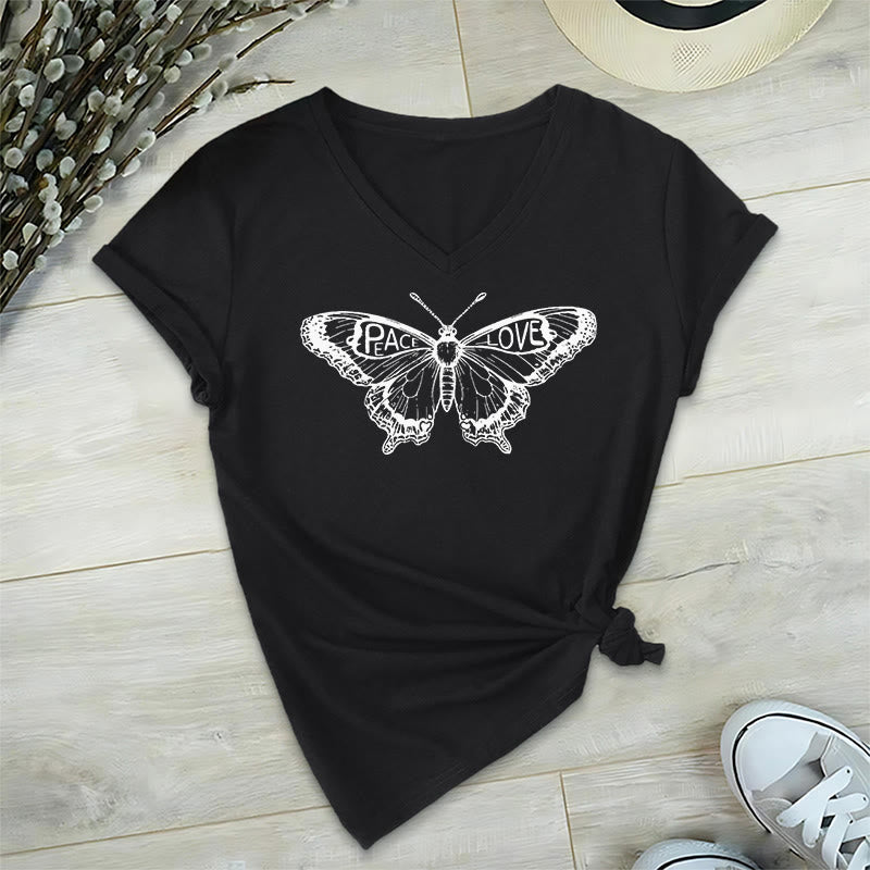 Olivenorma PEACE & LOVE Schmetterling Kurzarm-T-Shirt mit V-Ausschnitt aus Baumwolle - Schwarz - 2XL - image 8