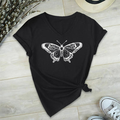 Olivenorma PEACE & LOVE Schmetterling Kurzarm-T-Shirt mit V-Ausschnitt aus Baumwolle - Schwarz - 2XL - image 8