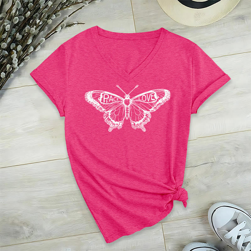 Olivenorma PEACE & LOVE Schmetterling Kurzarm-T-Shirt mit V-Ausschnitt aus Baumwolle - HotPink - 2XL - image 30