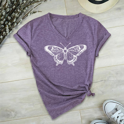 Olivenorma PEACE & LOVE Schmetterling Kurzarm-T-Shirt mit V-Ausschnitt aus Baumwolle - Lila - 2XL - image 18