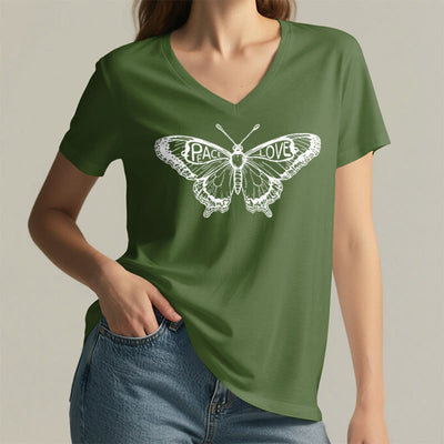 Olivenorma PEACE & LOVE Schmetterling Kurzarm-T-Shirt mit V-Ausschnitt aus Baumwolle - image 25