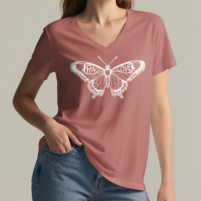 Olivenorma PEACE & LOVE Schmetterling Kurzarm-T-Shirt mit V-Ausschnitt aus Baumwolle - image 27