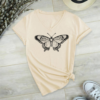 Olivenorma PEACE & LOVE Schmetterling Kurzarm-T-Shirt mit V-Ausschnitt aus Baumwolle - Beige - 2XL - image 12