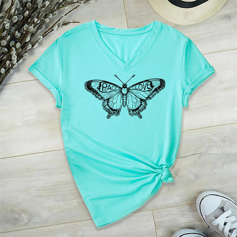 Olivenorma PEACE & LOVE Schmetterling Kurzarm-T-Shirt mit V-Ausschnitt aus Baumwolle - Cyan - 2XL - image 14