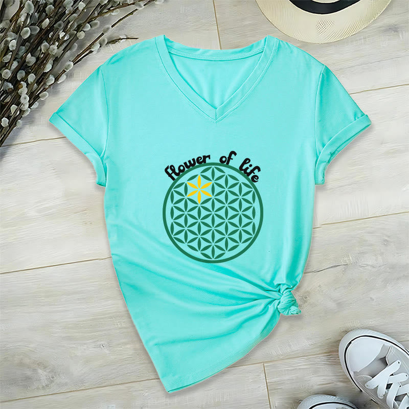 Olivenorma Flower of Life Boho Graphic Tees Lässiges T-Shirt mit V-Ausschnitt - Cyan - 2XL - image 14