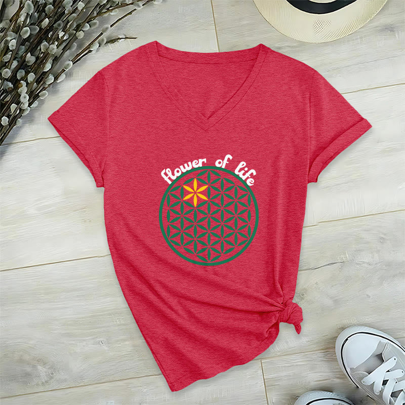 Olivenorma Flower of Life Boho Graphic Tees Lässiges T-Shirt mit V-Ausschnitt - Rot - 2XL - image 28
