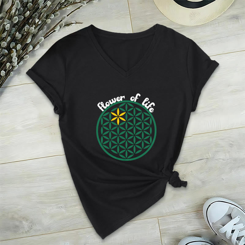 Olivenorma Flower of Life Boho Graphic Tees Lässiges T-Shirt mit V-Ausschnitt - Schwarz - 2XL - image 8
