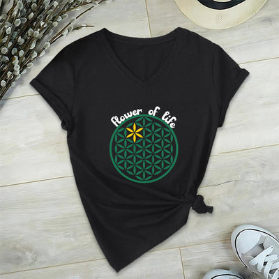 Olivenorma Flower of Life Boho Graphic Tees Lässiges T-Shirt mit V-Ausschnitt - Schwarz - 2XL - image 8