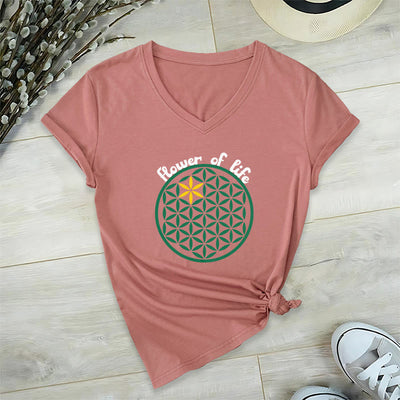 Olivenorma Flower of Life Boho Graphic Tees Lässiges T-Shirt mit V-Ausschnitt - Rosa - 2XL - image 26