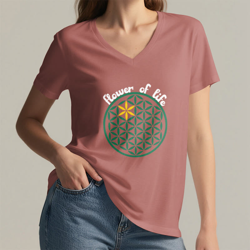 Olivenorma Flower of Life Boho Graphic Tees Lässiges T-Shirt mit V-Ausschnitt - image 27