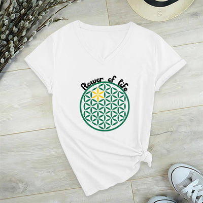 Olivenorma Flower of Life Boho Graphic Tees Lässiges T-Shirt mit V-Ausschnitt - Weiß - 2XL - image 10