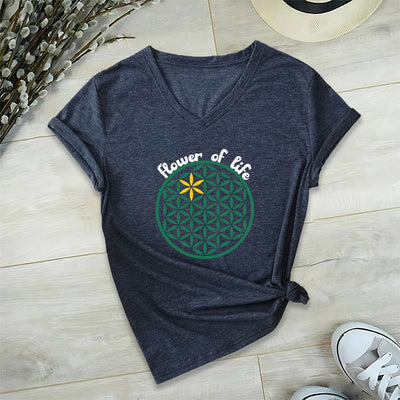 Olivenorma Flower of Life Boho Graphic Tees Lässiges T-Shirt mit V-Ausschnitt - Marine - 2XL - image 20