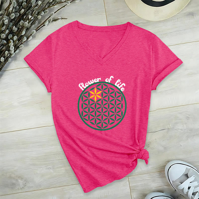 Olivenorma Flower of Life Boho Graphic Tees Lässiges T-Shirt mit V-Ausschnitt - HotPink - 2XL - image 30