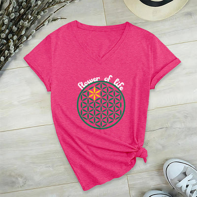 Olivenorma Flower of Life Boho Graphic Tees Lässiges T-Shirt mit V-Ausschnitt - HotPink - 2XL - image 30
